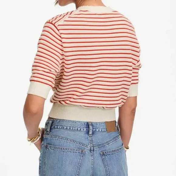 NWT Madewell Size Small Textural-Stitch Cotton Sweater Short Sleeve Red White - Picture 2 of 9